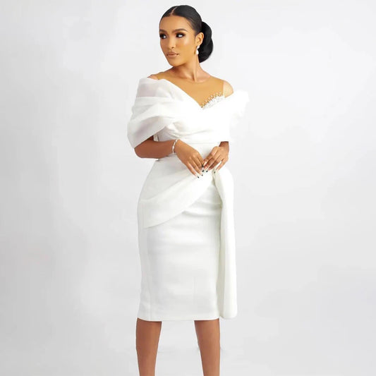 Short Wedding Dress White Off the Shoulder Sheath/Column Wedding Gown for Women 2025 Bride Knee Length Beaded Simple Bridal Gown