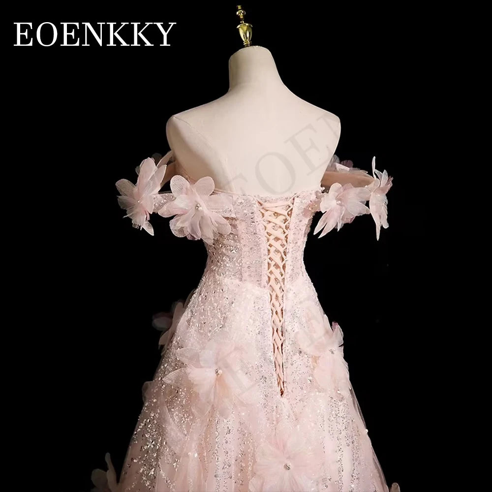 Luxury Floral Sequined Prom Dresses Pink Off The Shoulder A Line Backless Wedding Party Dress Floor Length.