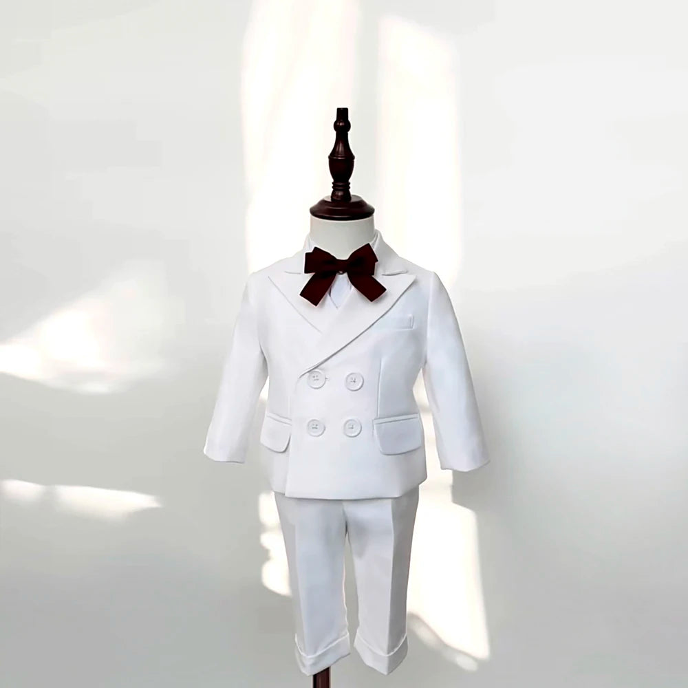 White Suit For Baby Boy 9 Month-4 Year Kids Boys Blazer Pants With Straps 3 PCS Clothes Set Baptism Wedding Elegant Party Dress