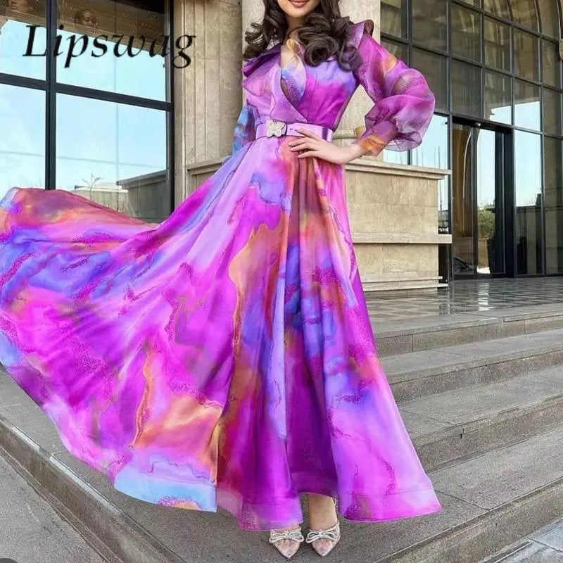 Spring Autumn Fashion Mesh Colorful Print Party Dress Women Elegant Long Sleeve Loose Hem Maxi Dress Commuting Lady Long Dresses