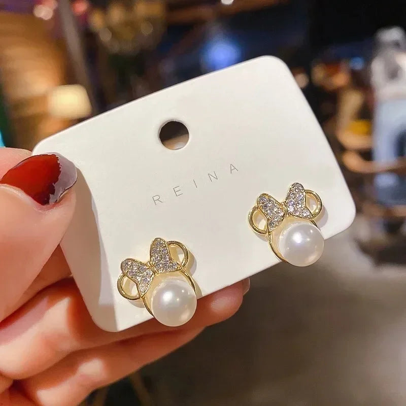 Disney Anime Minnie Earrings Cartoon Girl Pearls Fashion Creative Trend Earrings Women Jewelry Accessories Birthday Gifts