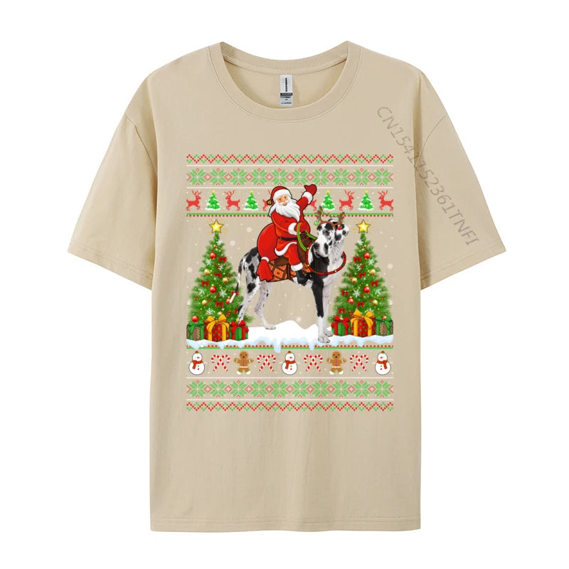 Xmas Sweater Ugly Santa Riding Great Dane Dog Christmas T Shirt Novelty Tees Classic Crew Neck T-Shirts Gift Idea Clothing