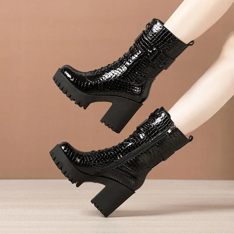 10cm Small Size 32-43 ELegant Block High Heels Boots Patent Leather Shoes 2024 Winter Thick Buckle Platform Botas with Fur