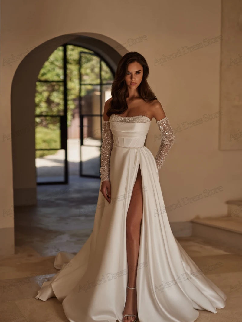 Modern Wedding Dresses A-Line Satin Pleat Bridal Gowns Sequin Appliques Sexy Robes High Slit Vestidos De Novia Customized