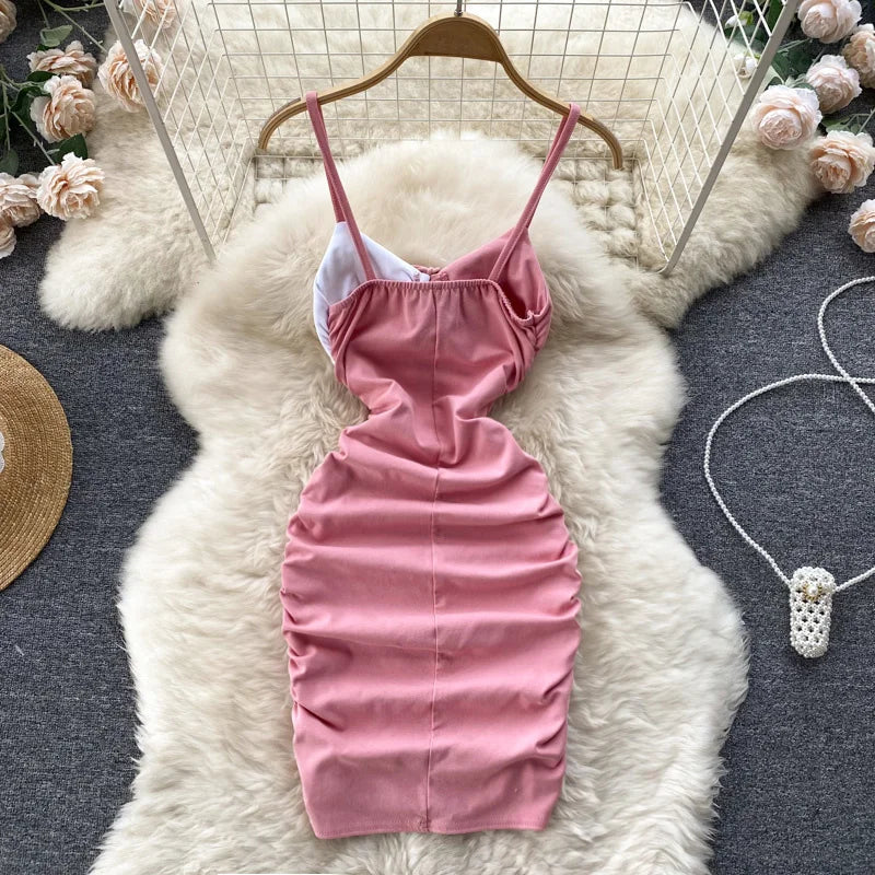 Foamlina Sexy Night Club Dress Women Summer Elegant Color Match Mini Bodycon Dress Strap Sleeveless Cut Out Ruched Party Dress