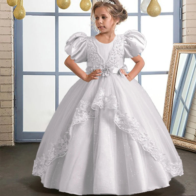 Elegant Girl's Birthday Party Dress for 4-12 Years Old Halloween Princess Dress New Bubble Sleeves Girl's Fluffy Dress