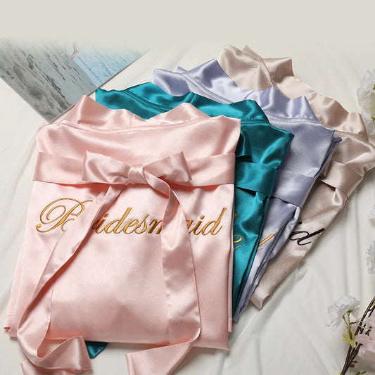 Bride Bridesmaid Morning Kimono Bathrobe Gown Embroidery Wedding Robe Nightgown Summer Female Nightdress Loose Satin Home Wear