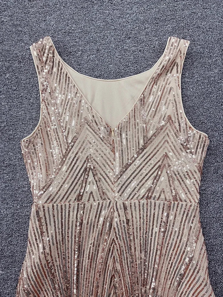 New Women's Round Neck Gorgeous Rose Gold Formal Party Dress Sequined Long Mermaid Skirt Evening Dress Vestido Coctel Vestido