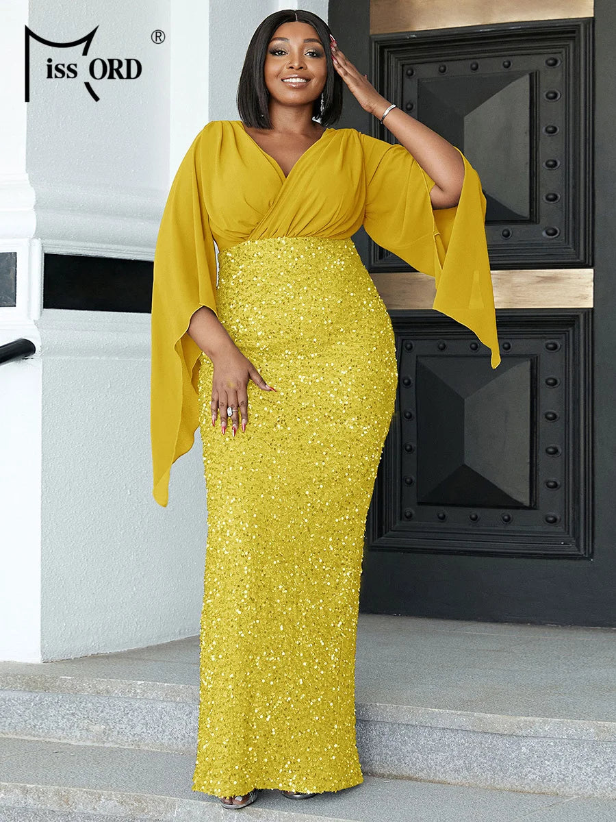 Missord Yellow Sequin Plus Size Wedding Party Dress Elegant Women V Neck Flare Sleeve Bodycon Prom Dresses Long Evening Gown