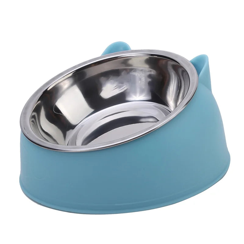 Cat Dog Bowl 15 Degrees Raised Stainless Steel Non Slip Puppy Base Cat Food Drinking Water Feeder Tilt Safeguard Neck Pet Bowl