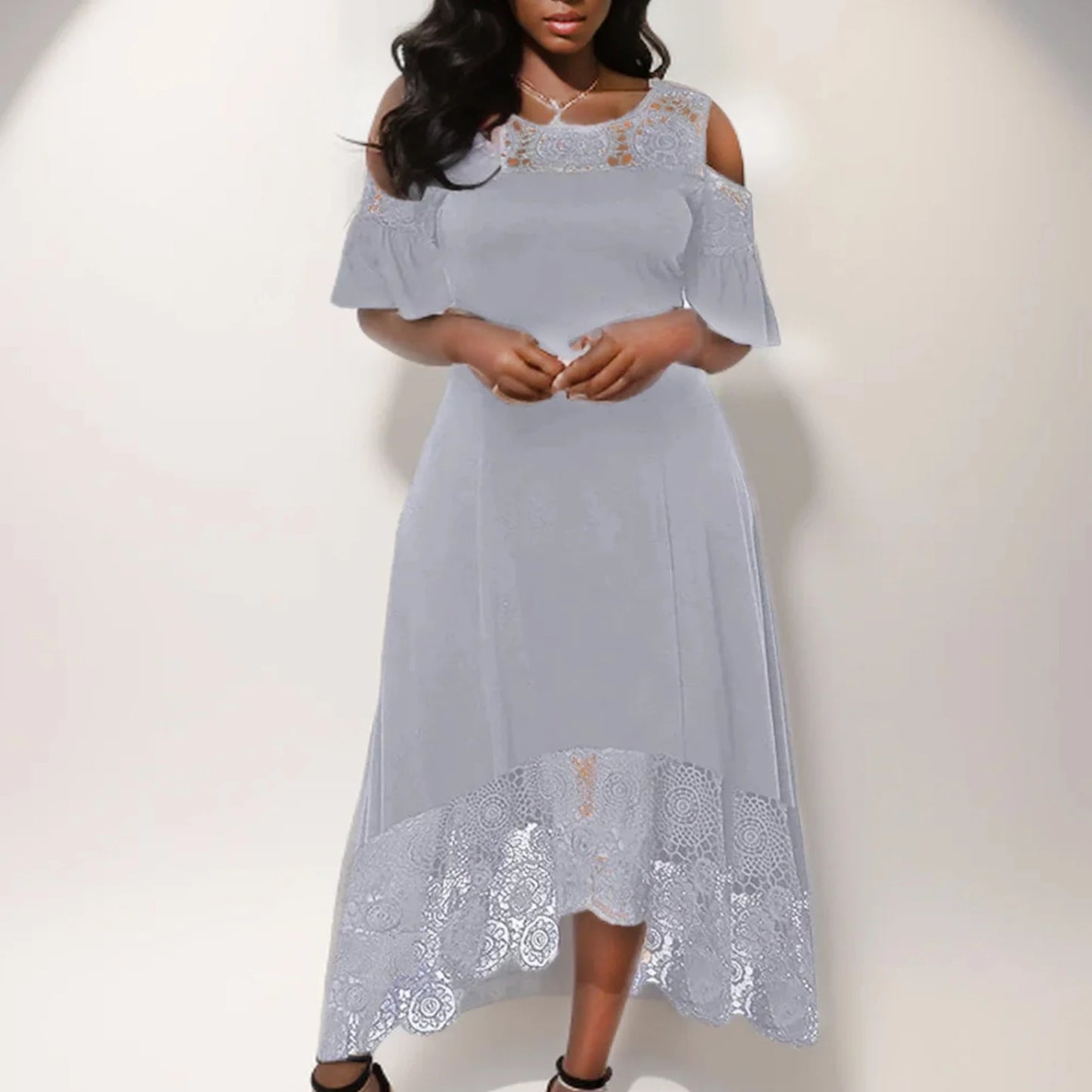 Party Dress for Women Elegant Classy Plus Size Summer Round-Neck Off Shoulder Dress Lace Short Sleeve Wedding Guest Dresses