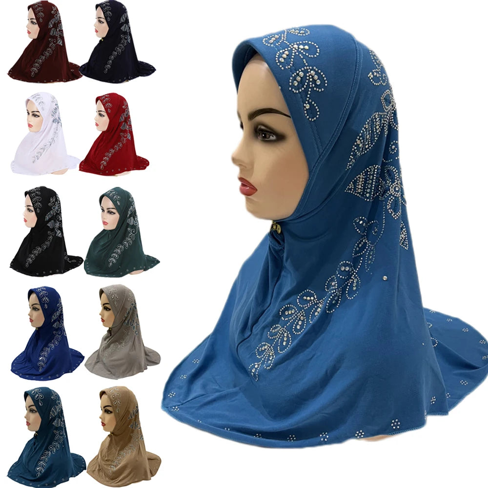 Diamonds Full Cover Muslim Women Hijab Instant Scarf Worship Headscarf Arab Pull On Ready Made Hat Malaysia Amira Khimar Niqab