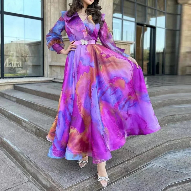 Spring Autumn Fashion Mesh Colorful Print Party Dress Women Elegant Long Sleeve Loose Hem Maxi Dress Commuting Lady Long Dresses