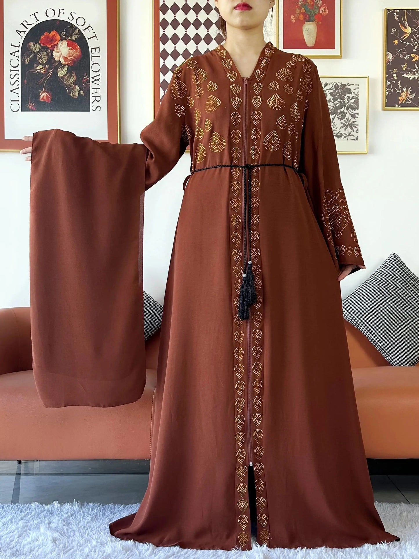 2024 Women Party Dress Chiffon Open Abaya Golden Stones Muslim Women Dress Islamic Clothing Cardigan Abaya Women Muslim Dress