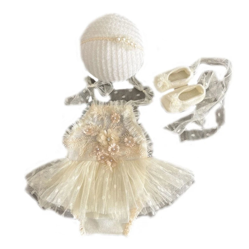 Photo-Shooting Props for Baby Girl 0-6M Infant Headdress & Tulle Tutu Jumpsuit Party Dress Photo Clothes Newborn Outfit Dropship
