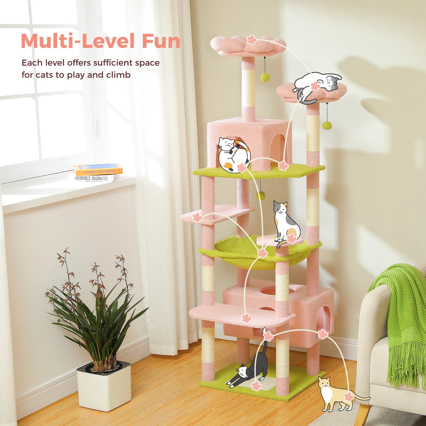 184cm Large Cat Tree Tower for Indoor Cats With Sisal-Covered Scratching Posts Spacious Hammock Padded Perches and Condos Pink