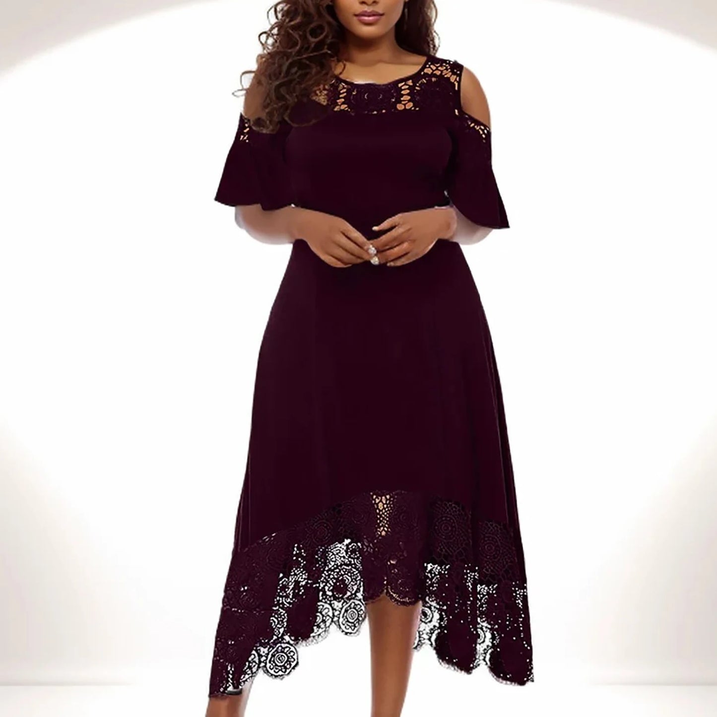 Party Dress for Women Elegant Classy Plus Size Summer Round-Neck Off Shoulder Dress Lace Short Sleeve Wedding Guest Dresses