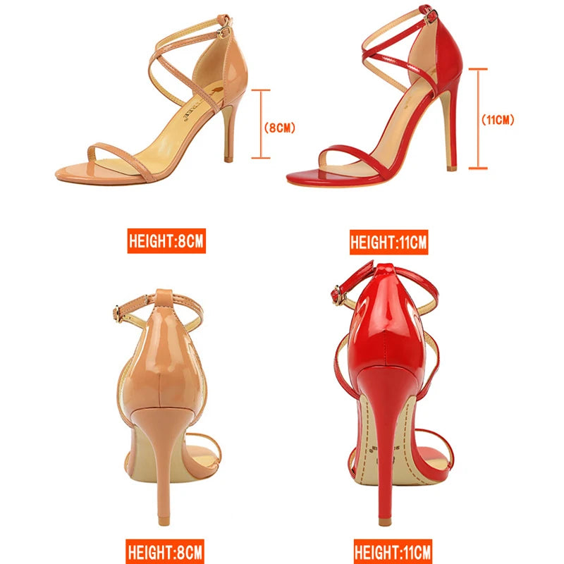 BIGTREE Shoes Pumps Open Toe High Heels Patent Leather Women Heels Stiletto 11 Cm 7.5cm Summer Heels Sandals Women Party Shoes