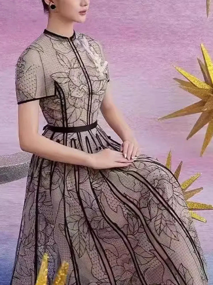 UCXQ Vintage Party Dress Fashion O Neck Short Sleeve Lace Mesh Embroidery Elegant Long Dresses For Women 2025 Spring Summer 8980