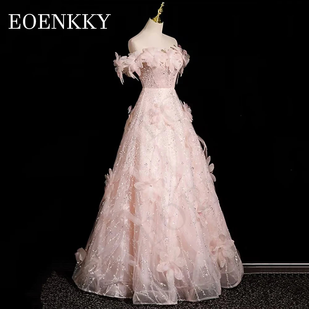 Luxury Floral Sequined Prom Dresses Pink Off The Shoulder A Line Backless Wedding Party Dress Floor Length.