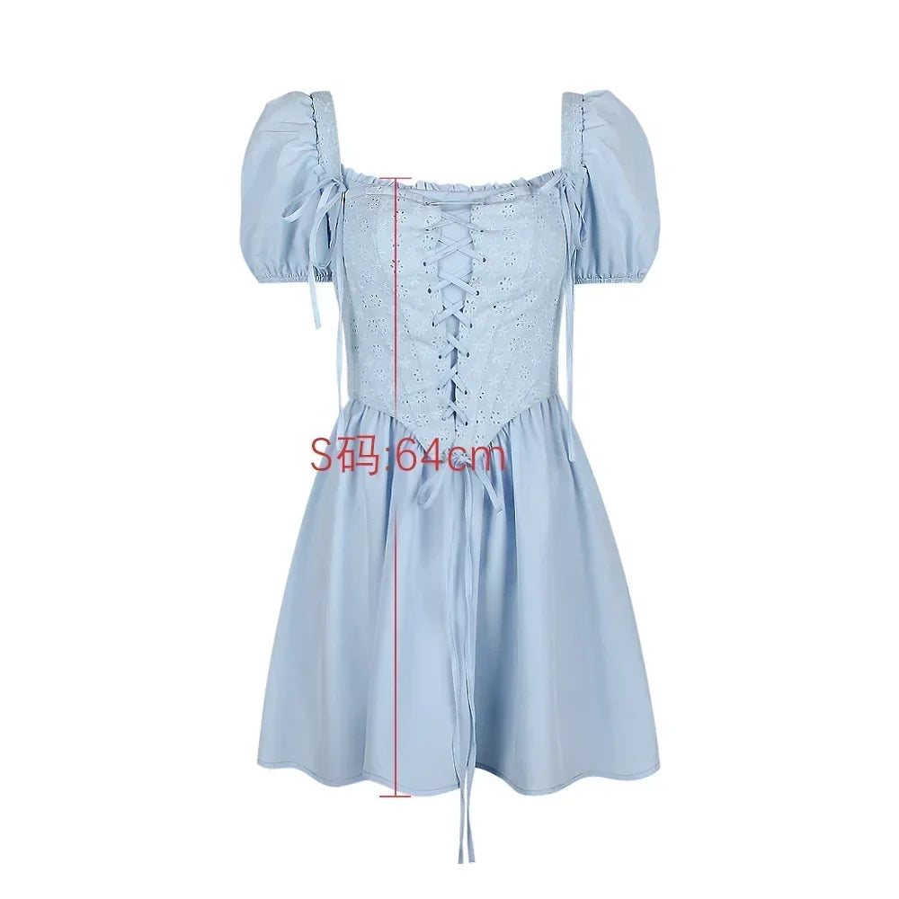 Suninheart Summer Blue Puff Sleeve Corset Dress Mini Elegant A Line Lace Up Holiday Party Dress Square Neck Women Dress