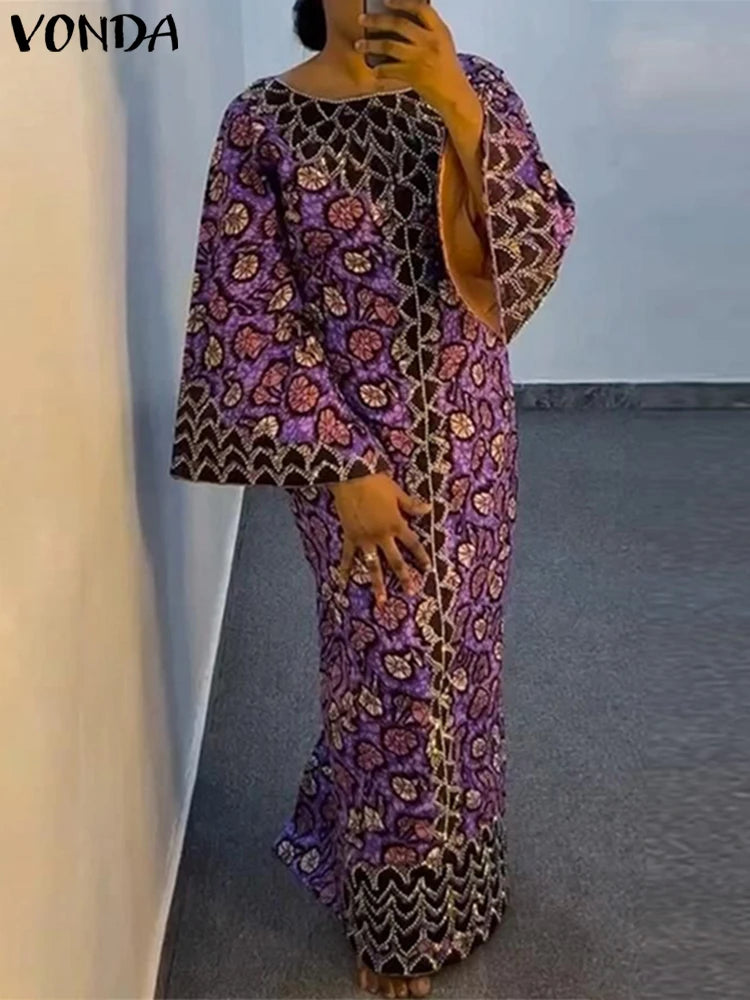 Plus Size VONDA Bohemian Dress Elegant Women Printing Sundress Vintage Flare Long Sleeve Maxi Vestidos O-Neck Robe Summer