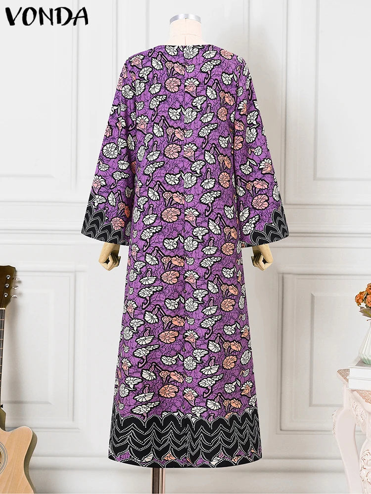 Plus Size VONDA Bohemian Dress Elegant Women Printing Sundress Vintage Flare Long Sleeve Maxi Vestidos O-Neck Robe Summer