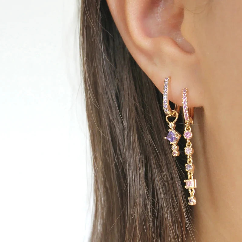 925 Sterling Silver Needle Colorful Crystal Stud Earrings for Women Luxury Long Chain Geometry Pendant Earrings Fashion Jewelry