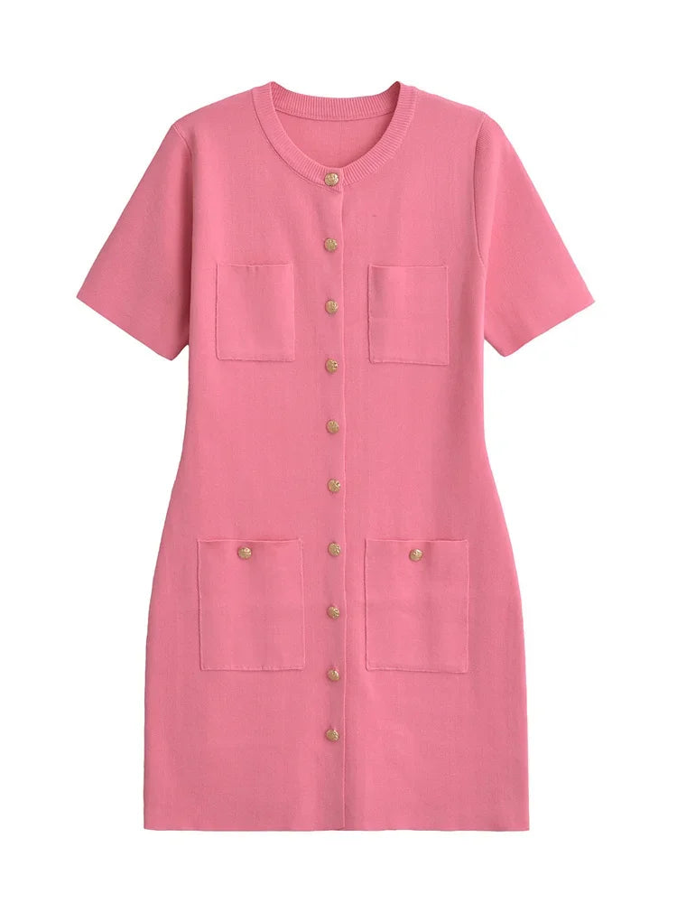 Pocket Knit Female Mini Dress Autumn  Ribbed High Waist Fashion Patchwork Elegant Party Dress Knitwear Cardigan Dress