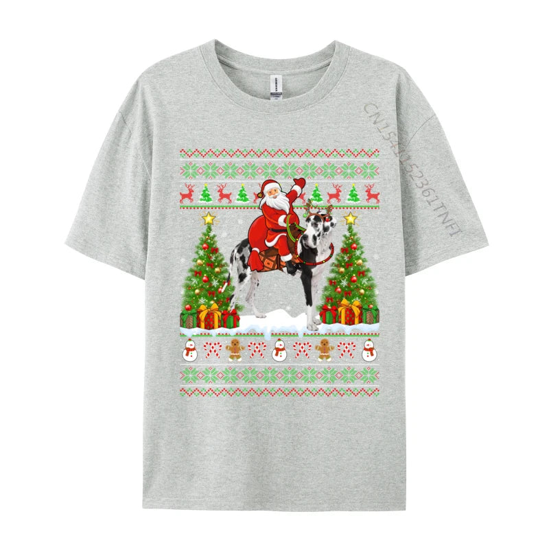 Xmas Sweater Ugly Santa Riding Great Dane Dog Christmas T Shirt Novelty Tees Classic Crew Neck T-Shirts Gift Idea Clothing