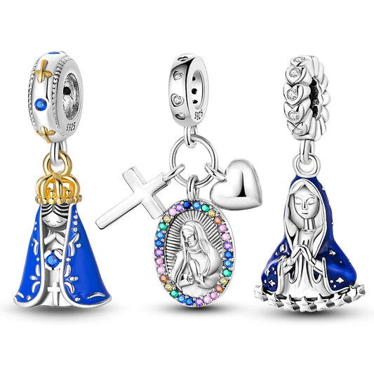 Fit Pandora 925 Original Bracelet Women 925 Sterling Silver Colorful Zirconia Cross The Virgin Mary Heart Charm DIY Jewelry Gift