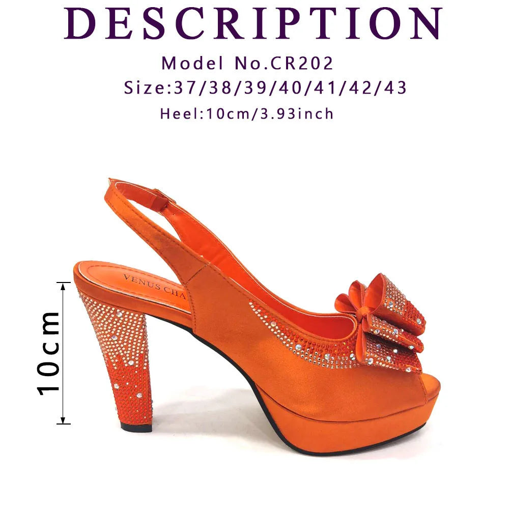Big Sales Orange Color Peep Toe Comfortables Heels Slipper with Ctystal Bag For Nigerian Women Wedding Party Pump