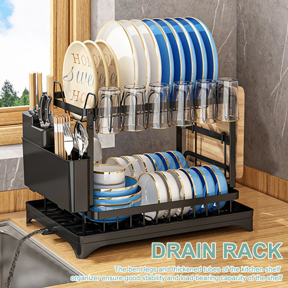 2 Tier Kitchen Dish Drying Rack with Drain Basket Bowl Chopsticks Knife Fork Cup Storage Rack Kitchen Plates Organizer