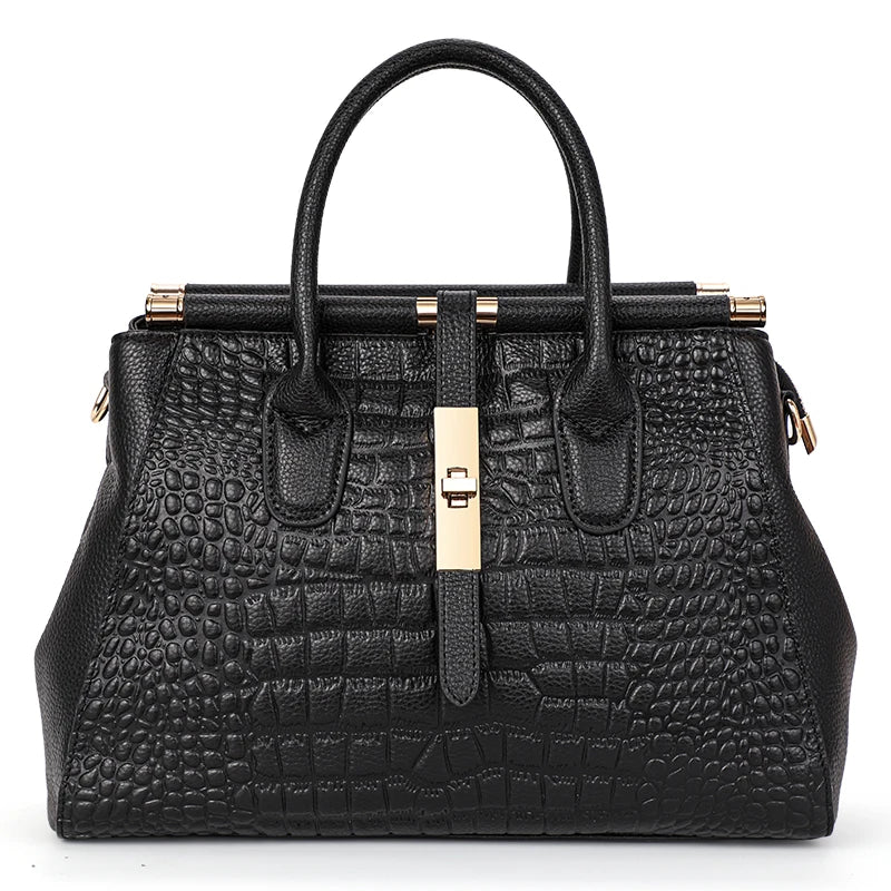 Aidrani  Trendy women's handbag with crocodile pattern on the surface black cowhide large bag