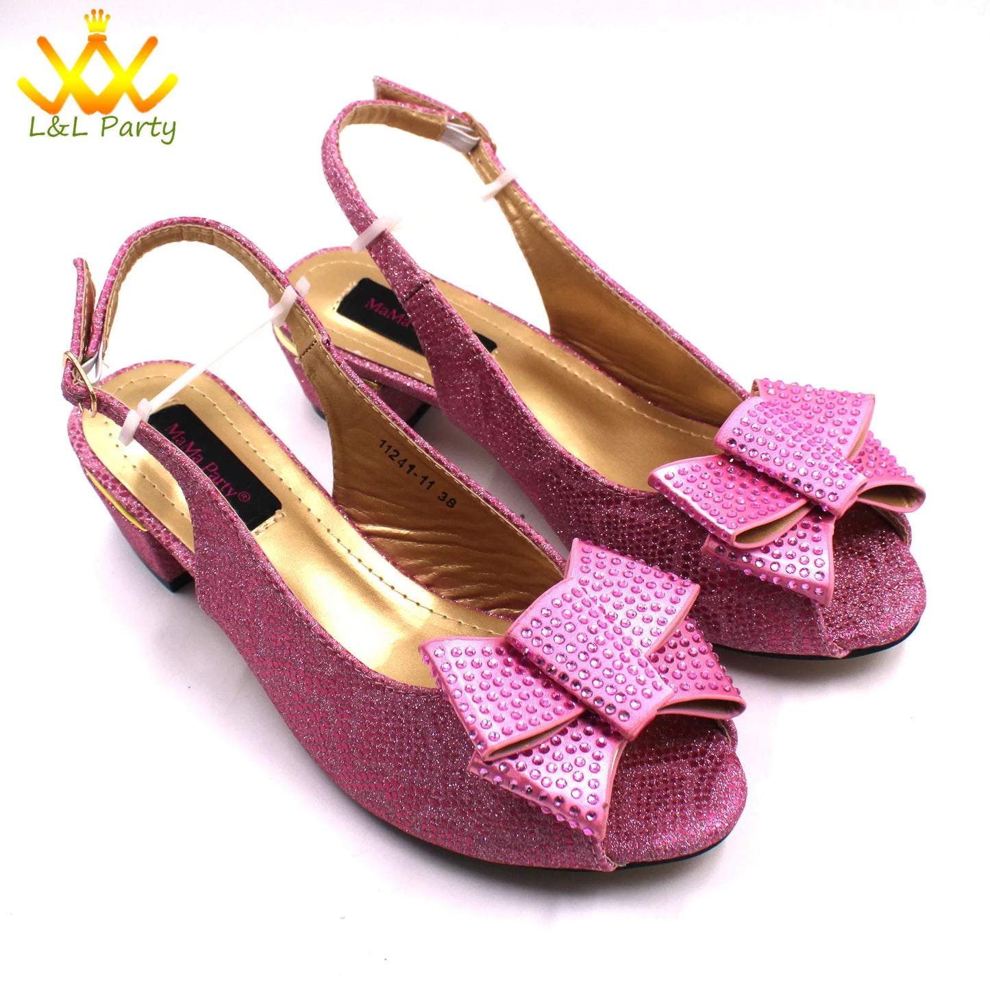 Pink New Arrivals Nigerian Women Shoes and Bag Set Italian Design Low Heels with Crystal Peep Toe Sandals for Party