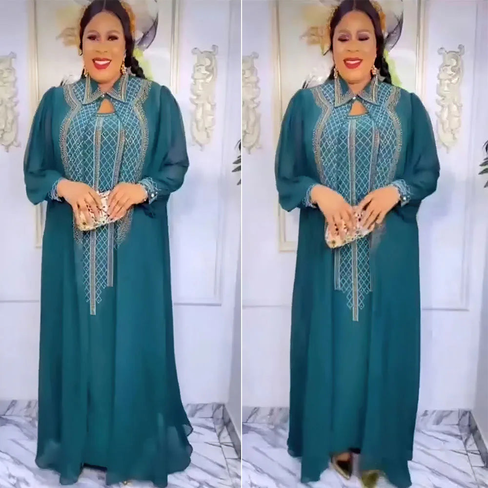 African Plus Size Boubou Chiffon 2 Piece Set Dresses For Women Muslim Fashion Kaftan Abayas Wedding Party Maxi Robe Vestidos