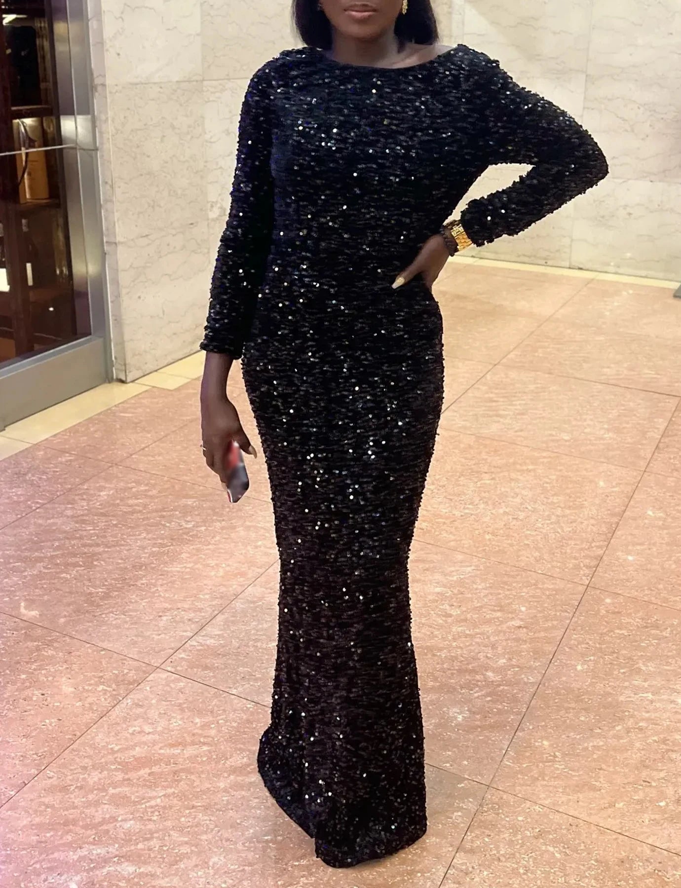 Romagic Elegant Women Modest Stretch Sequin Royal Blue Wedding Prom Gown Long Sleeves Mermaid Formal Evening Party Dress 2025