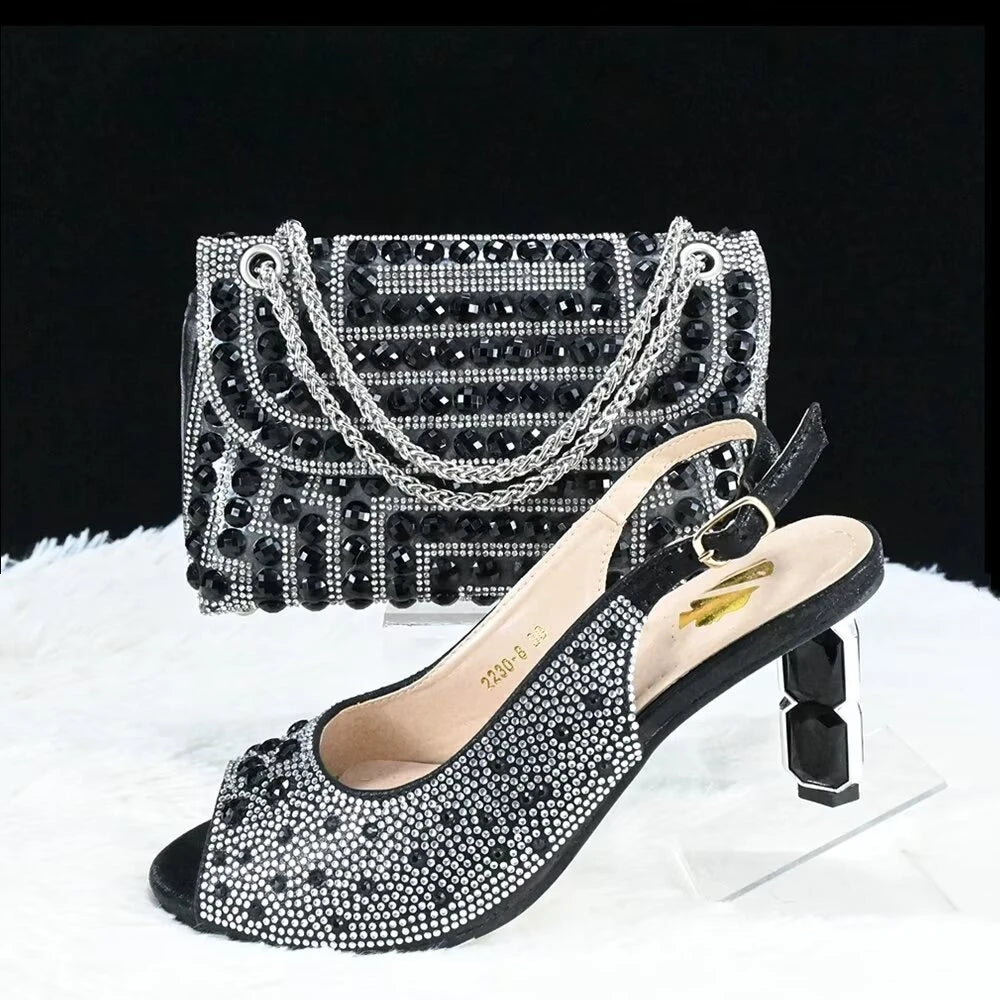 Gold Women Shoes And Bag Set Luxury African Ladies Summer Stones Sandals Match With Handbag Clutch Purse Femmes Sandales GL46