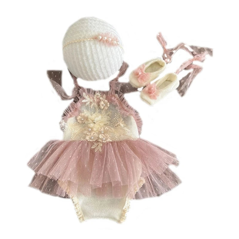 Photo-Shooting Props for Baby Girl 0-6M Infant Headdress & Tulle Tutu Jumpsuit Party Dress Photo Clothes Newborn Outfit Dropship