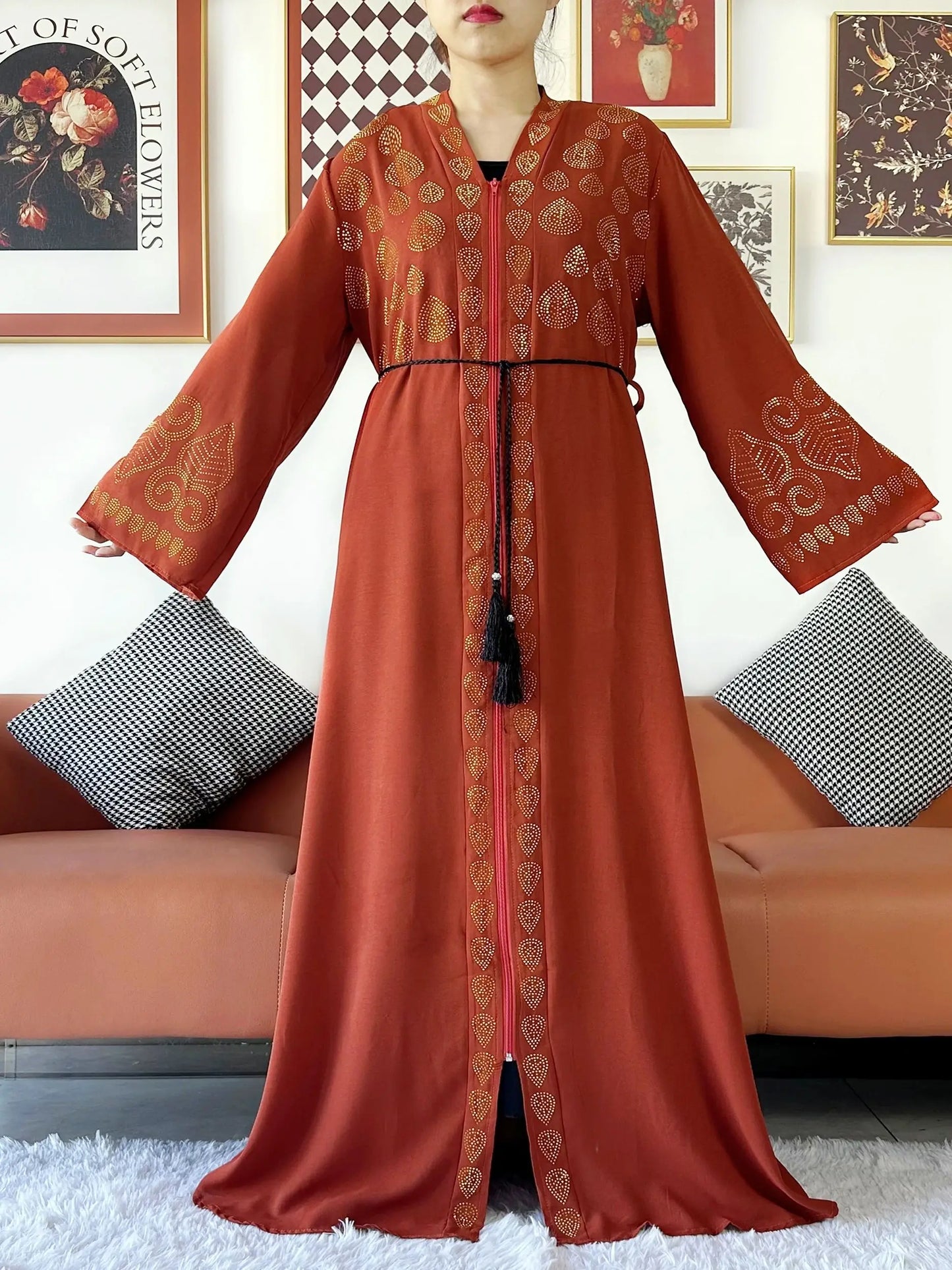 2024 Women Party Dress Chiffon Open Abaya Golden Stones Muslim Women Dress Islamic Clothing Cardigan Abaya Women Muslim Dress