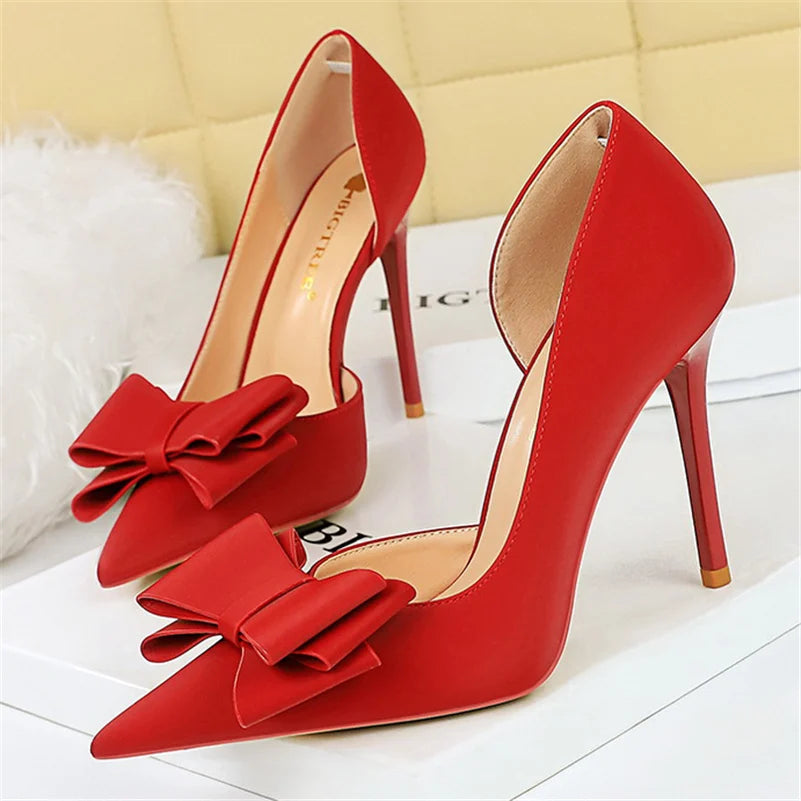 Women 10.5cm High Heels Satin Silk Butterfly Knot Purple Pumps Lady Wedding Bridal Escarpin Blue Green Peach Fashion Party Shoes