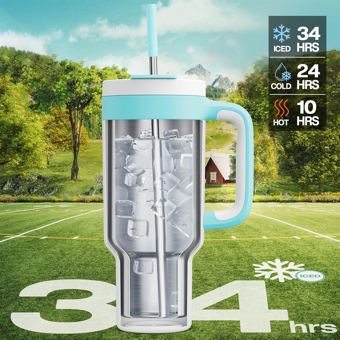 Powcan 40oz Cup Stainless Steel Vacuum Straw Cup With Double Handle Non-slip Portable Coffee Multi-color Car Mug Juice Milk Cup