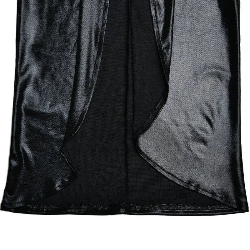 Metallic Gilding Maxi Party Dress Women Sexy V Neck Long Sleeve Ruched High Split Bodycon Clubwear Long Robe Evening Gown