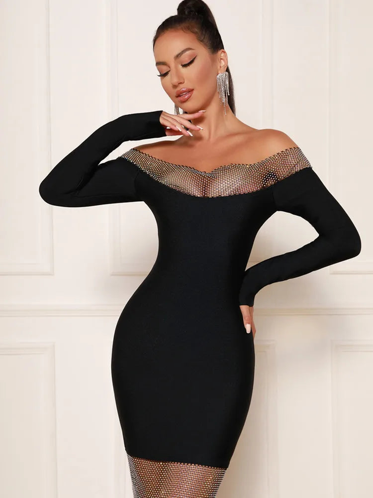 Women Summer Sexy Off Shoulder Long Sleeve Black Dimaonds Bodycon Midi Bandage Dress Elegant Evening Celebrity Party Dress