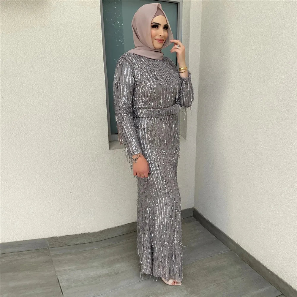 Luxury Sequin Evening Dress Party Maxi Dress Muslim Abaya Women Belted Dress Long Prom Dress Islamic Vestidos Dubai Wedding Gown