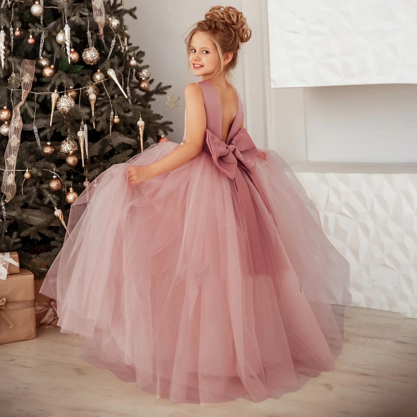 Big Bow Girls Bridesmaids Dress Long White Wedding Party Prom Pageant Princess Dresses First Communiom Formal Birthday Ball Gown