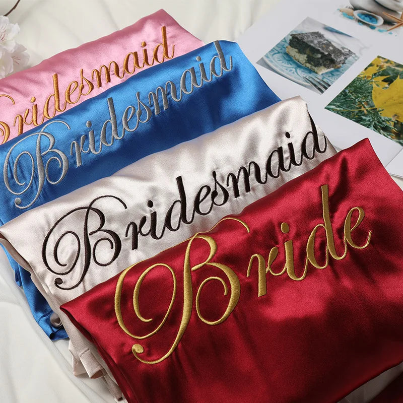 Bride Bridesmaid Morning Kimono Bathrobe Gown Embroidery Wedding Robe Nightgown Summer Female Nightdress Loose Satin Home Wear
