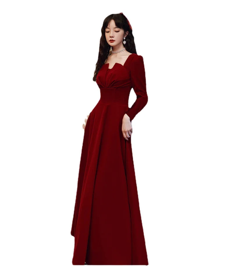 2025 Elegant Long sleeved Office Dress Wine Red Autumn Square Collar A-line Long Skirt Formal Party Wedding Bridesmaid Ball Dres