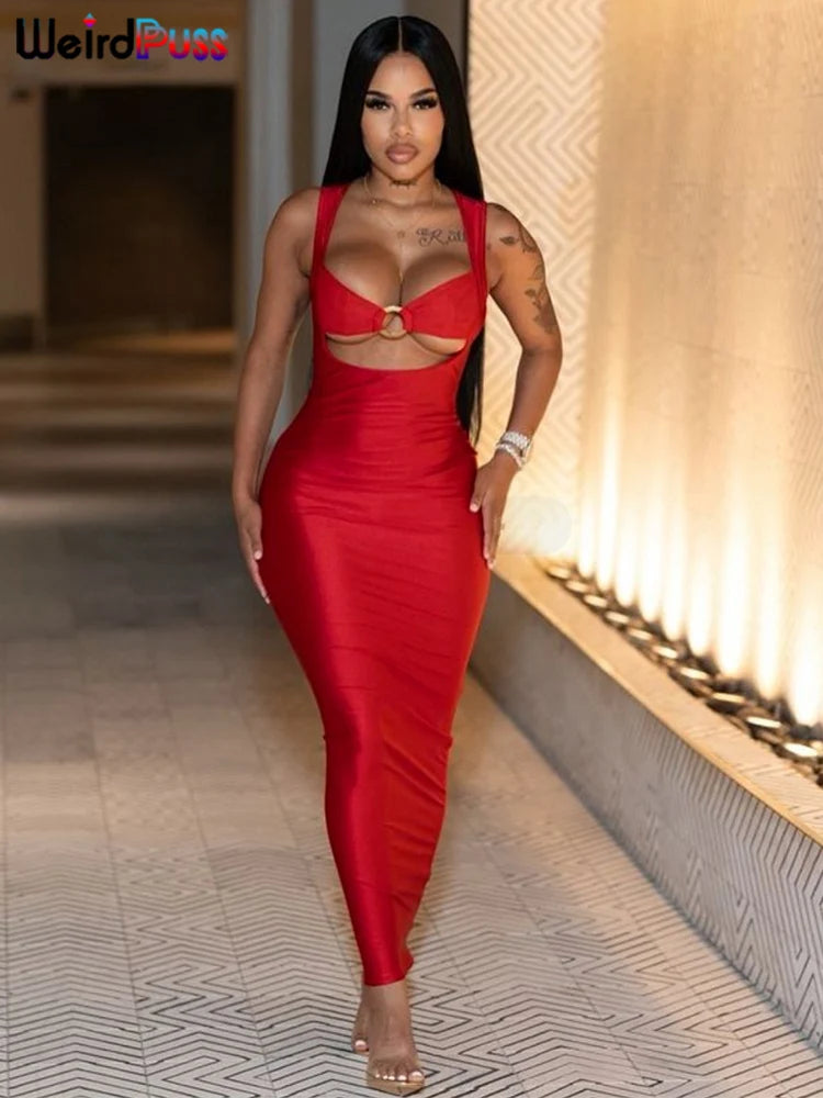 Weird Puss Sexy Party Dress Women Ring Clasp Chic Hollow Backless Sleeveless Low-Neck Birthday Banquet Rave Bodycon Vestidos