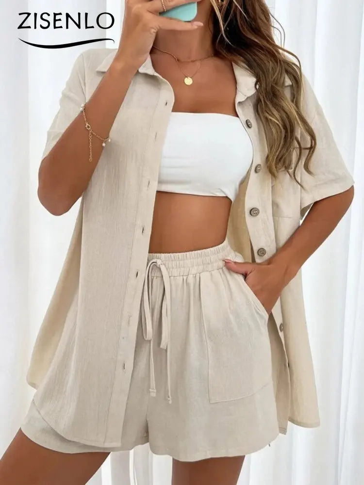 Women's Suit Summer Fashion Solid Color Short Sleeved Single Breasted Shirt & Shorts Set Cheap Elegant Loose Short Pant Sets